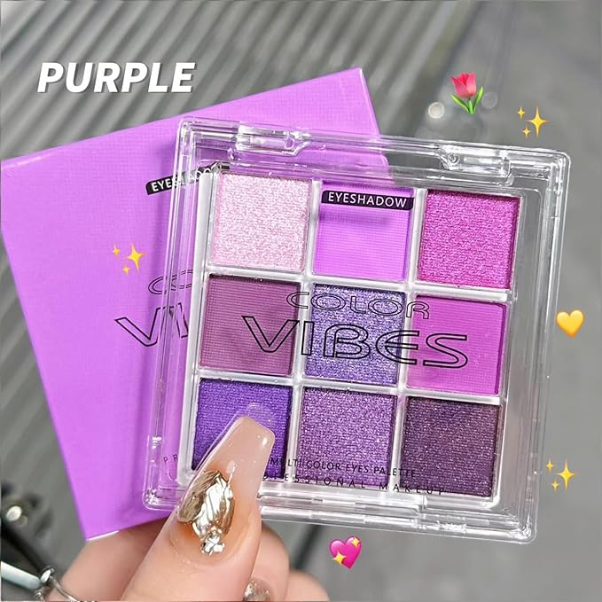Erinde 9 Colors Purple Pink Lavender Glitter Shimmer Matte Eye Shadow Palette Makeup, Highly Pigmented Waterproof Violet Mauve Dark Purple Silver Pearl White Shimmer Sparkling Party Eyeshadow Palette-BrightBean Baby