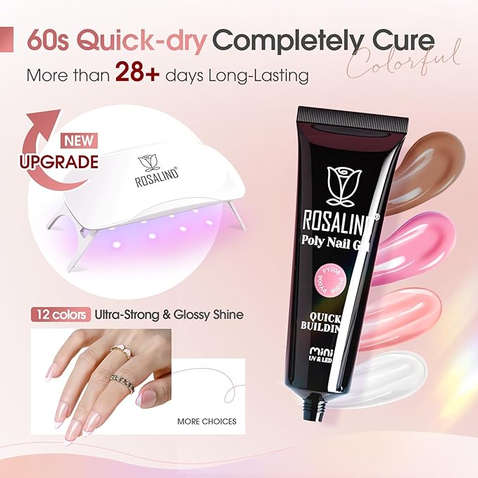 ROSALIND 12PCS Pink Brown Poly Nail Gel Kit with Mini Nail Lamp White Glitter Pink Poly Extension Gel Set-BrightBean Baby