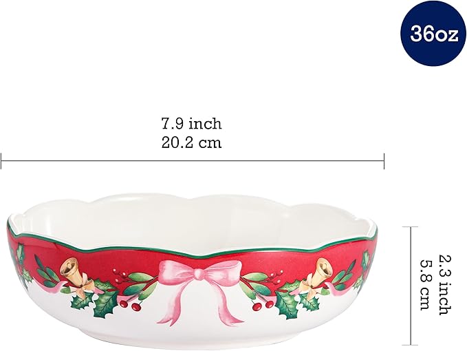Bico Ribbon Christmas Scalloped Pasta Bowls, 36oz Salad Bowl Set of 4, Large Ceramic Serving Dinner Bowls for Soup and Cereal, Microwave and Dishwasher Safe, Gift for Housewarming and Holiday