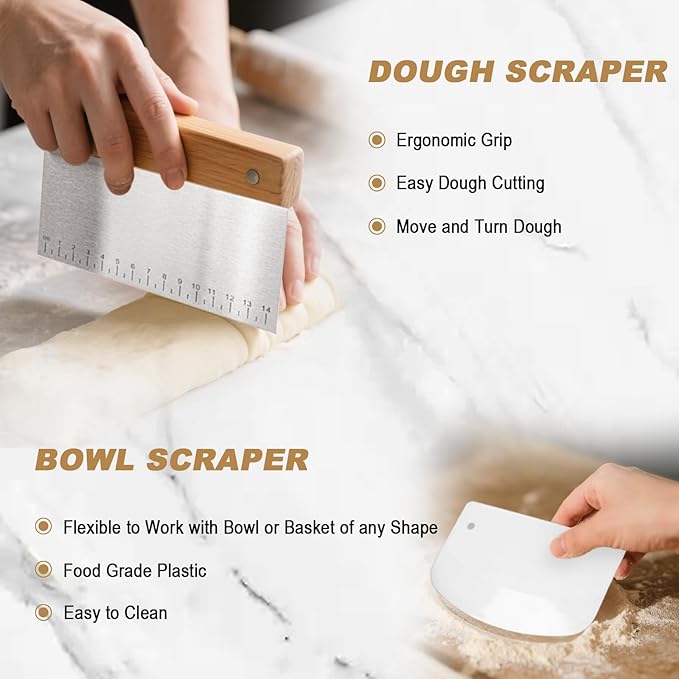 Banneton Bread Proofing Basket Set - 9" Round & 10" Oval Sourdough Baking Kit, Natural Indonesian Rattan with Linen Liners, Bread Lame, Danish Dough Whisk, Bowl Scraper and Sourdough Scraper