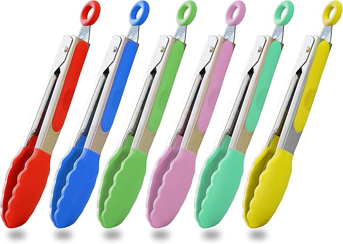 Small Tongs Set 7-Inch Mini Tongs with Silicone Tips, Set of 6 (Red Blue Green Pink Mint Yellow)