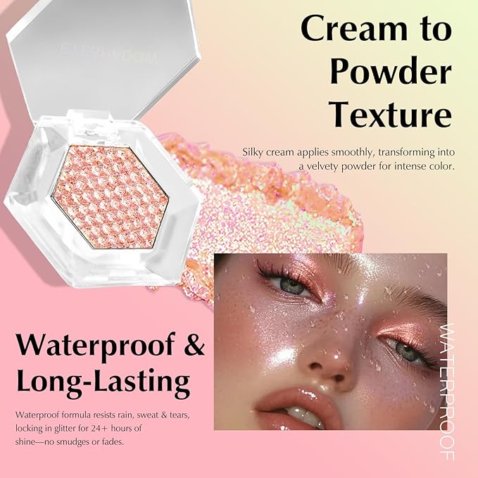 Rose Gold Glitter Eyeshadow Palette, Multichrome Chameleon Cream to Powder Eye Shadow, Color Shifting Holographic Eyeshadow Shimmer Inner Corner Eye Brightener Highlighter Makeup-BrightBean Baby