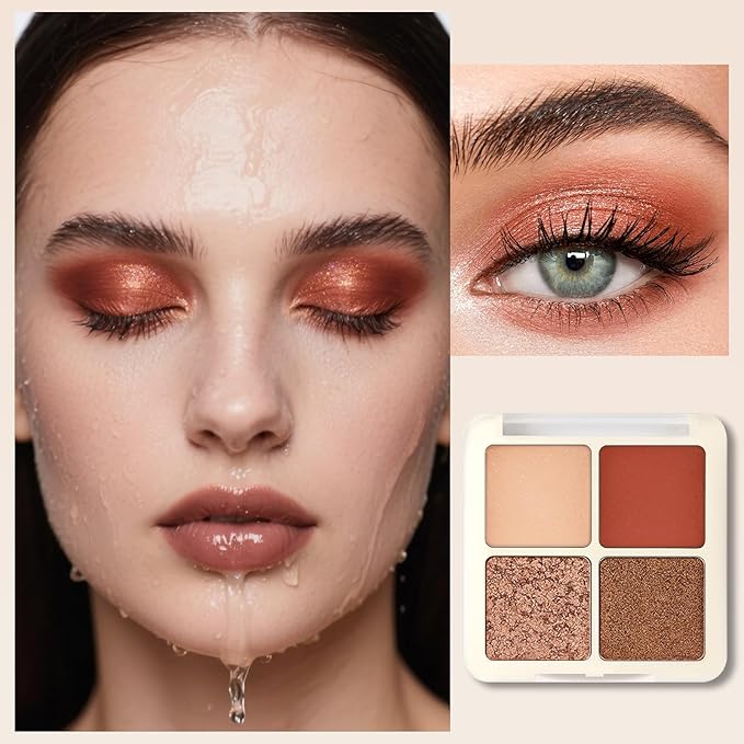 Erinde Quads Matte Eye Shadow Powder Makeup Palette, Nude Neutral Brown & Champagne Pink Shimmer Eyeshadow, Long Wearing Waterproof Everyday Eye Makeup, sombras de ojos, Maple Champagne-BrightBean Baby