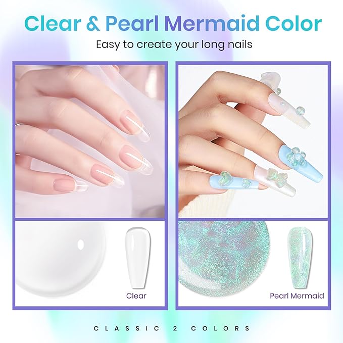 MIZHSE Solid Builder Gel for Nails – 2PCS 1oz Mermaid Pearl & Clear Hard Gel Kit with Nail Forms 3D Mold Soak-off U V 3D for Nails Extension for Salon Manicure Home DIY-BrightBean Baby