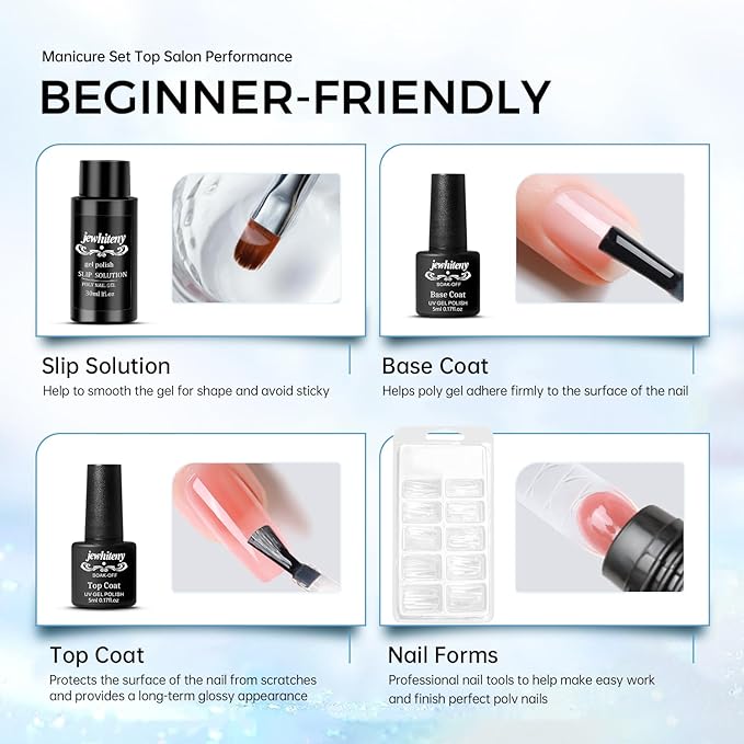 JEWHITENY Poly Nail Gel Kit 14 Colors Purple Nude Grey Black Blue Glitter Tones Starter Kit with UV Lamp Matte & Glossy Top & Base Coat All-in-One Designs DIY At Home-BrightBean Baby