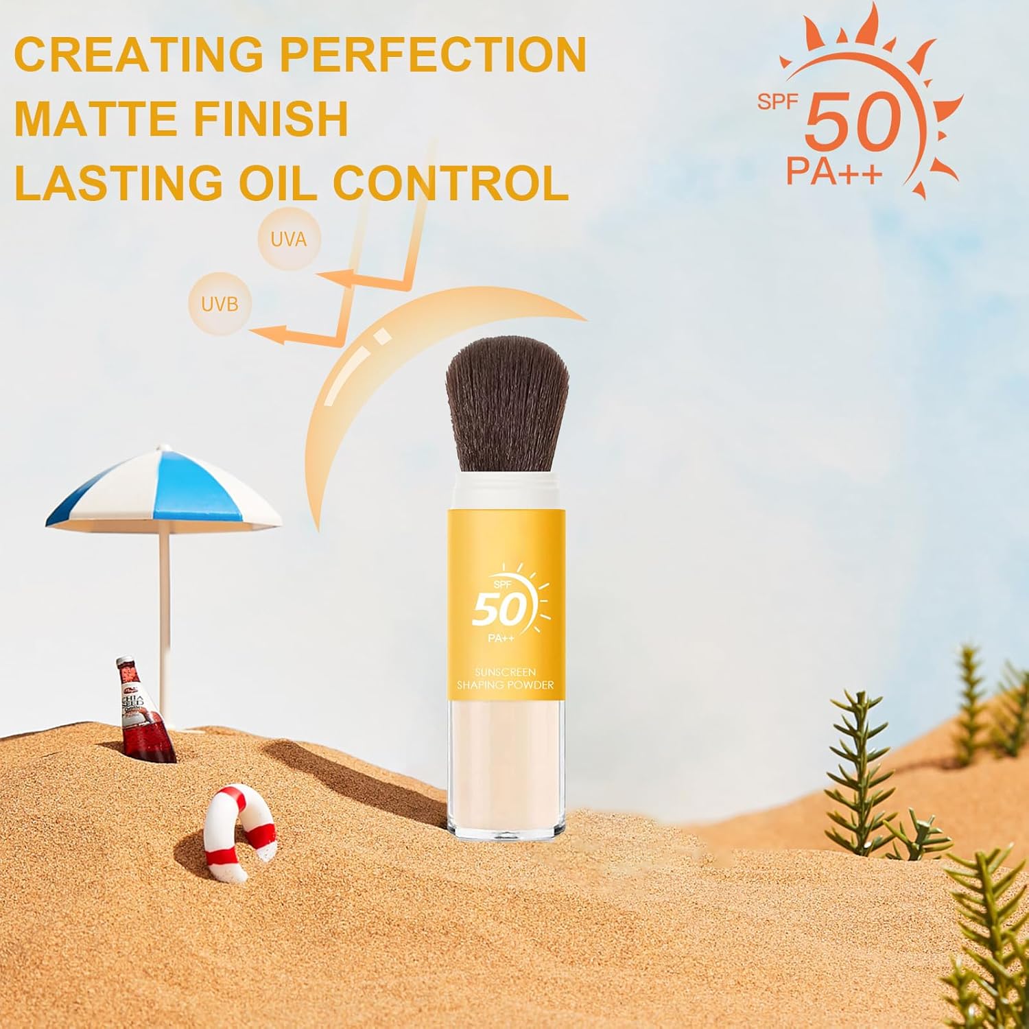 Mineral Sunscreen Setting Powder SPF 50, Sunscreen Powder for Face & Scalp, TranslucentSunscreenPowder with Brush, Oil Control Natural Matte Finish LoosePowder, Lasting Lightweight Breathable-BrightBean Baby