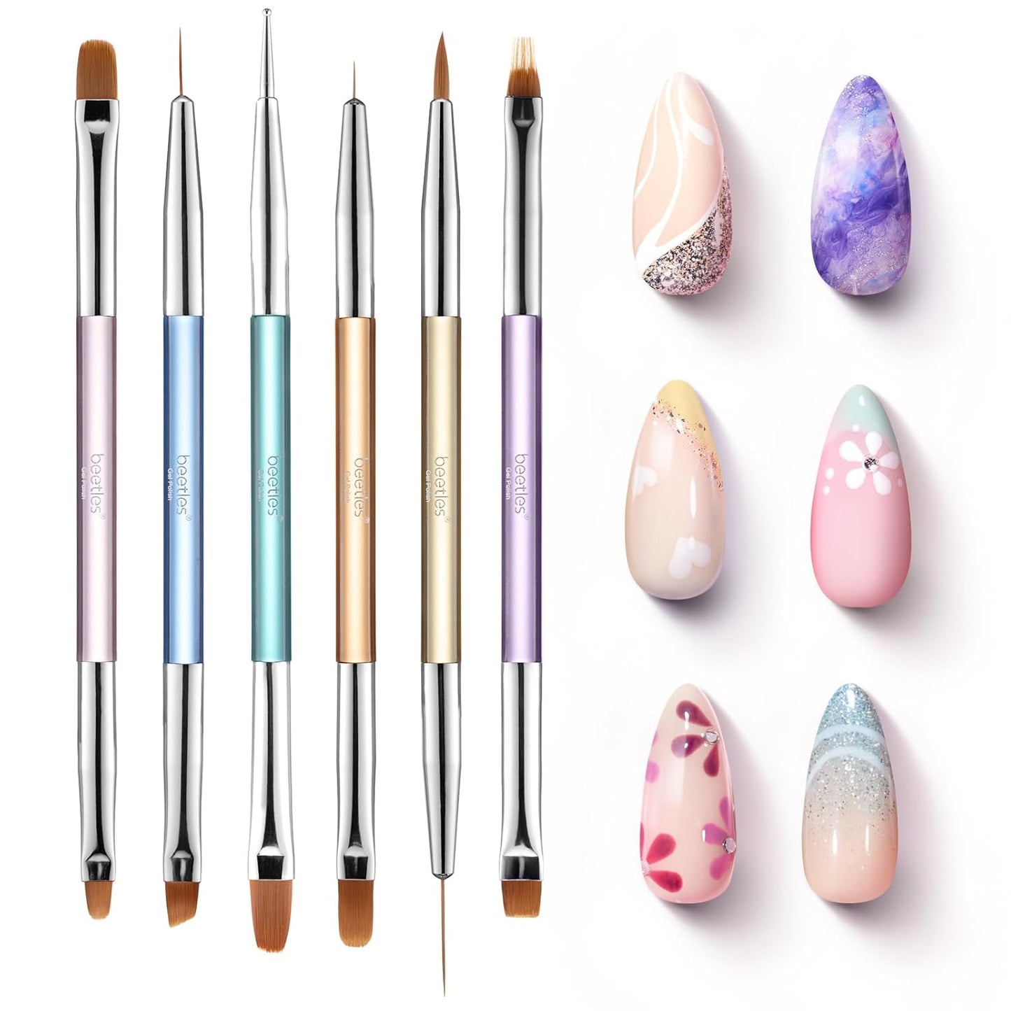 Beetles Gel Nail Art Brushes, 6 Pcs Double-Ended Fingernail Art Design Pens Gel Paint Liner Ombre Gradient French Tip Brush Dotting Pen Nail Brush Set, DIY Manicure Tools Gift for Women-BrightBean Baby
