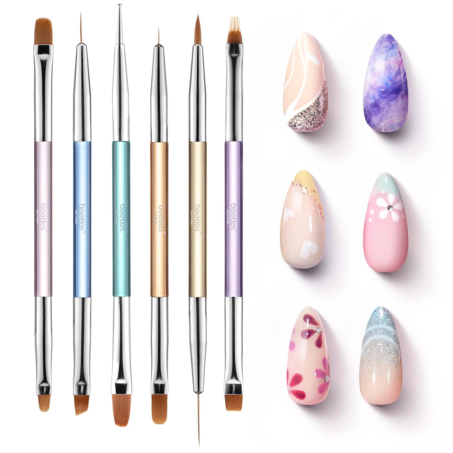Beetles Gel Nail Art Brushes, 6 Pcs Double-Ended Fingernail Art Design Pens Gel Paint Liner Ombre Gradient French Tip Brush Dotting Pen Nail Brush Set, DIY Manicure Tools Gift for Women-BrightBean Baby