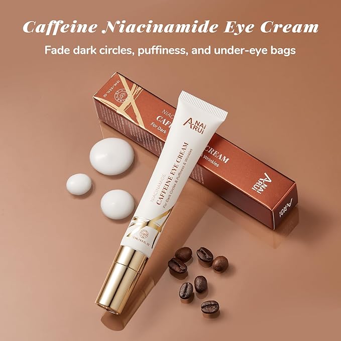 ANAI RUI Caffeine Eye Cream, Niacinamide Eye Cream for Dark Circles and Puffiness, Anti Aging & Friming Eye Cream with Eye Roller, Caffeine Under Eye Cream for Puffy Eyes, Bag Treatment 0.5 FL.OZ-BrightBean Baby