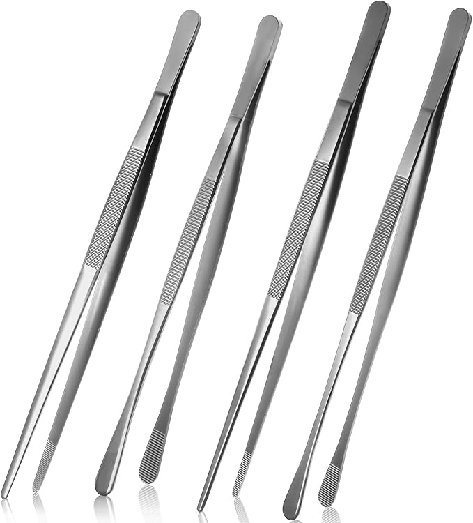 Litoexpe 4 PCS 10in & 12in Fine Tweezer Tongs, Stainless Steel Cooking Tongs for BBQ Sea Food Repairing Serving, Silver
