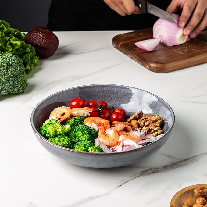 AmorArc 8.5'' Large Pasta Bowls, 36oz Stoneware Pasta Serving Bowls Set of 4 for Kitchen, Wide Bowls for Pasta,Salad,Fruit,Oatmeal, Microwave Safe, Reactive Glaze-Gray
