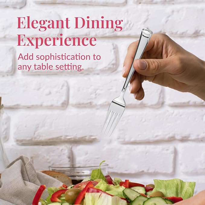 Prestee 100 Pack Silver Plastic Forks Heavy-Duty - Elegant Disposable Silverware Forks - Fancy Plastic Silver Cutlery Set - Heavyweight Utensils for Party, Holiday, and Events