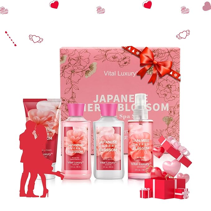 Bath & Body Kit, 3 Fl Oz Travel Size, Ideal Skincare Relaxing Home Spa Set, Includes Body Lotion, Shower Gel, Body Cream, and Fragrance Mist, Bath Gifts for Her and Him (Japanese Cherry-BrightBean Baby