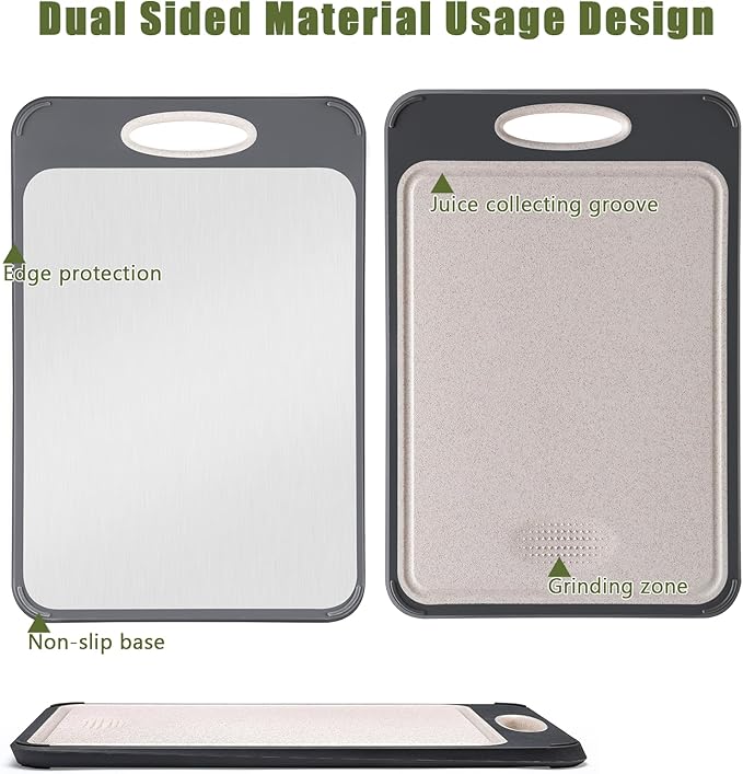 GUANCI Cutting Board for Kitchen 2-in-1, Stainless Steel & Wheat Straw PP Double-Sided Chopping Board,non toxic Chopping, Easy to Clean, Ideal for Meat, Vegetables and Fruits