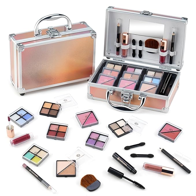 Color Nymph Beginner Makeup Kits For Teens With Train Case Included Full Makeup Kit Eyeshadow Palette Blushes Bronzer Highlighter Lipstick Brushes Mirror（Gold）-BrightBean Baby