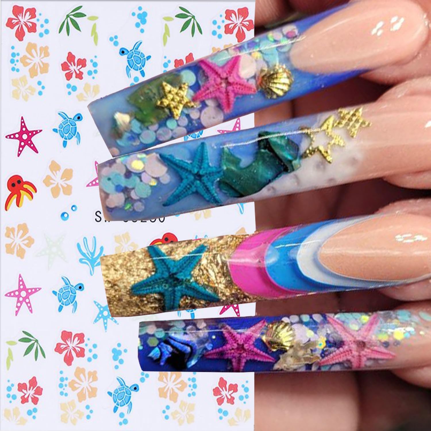 6 Sheets Marine Life Nail Art Stickers 3D Self-Adhesive Starfish Turtle Nails Sticker Flower Nail Art Decals Holographic Bow Nails Decal Decoration for Women Floral Manicure DIY Nail Supplies-BrightBean Baby
