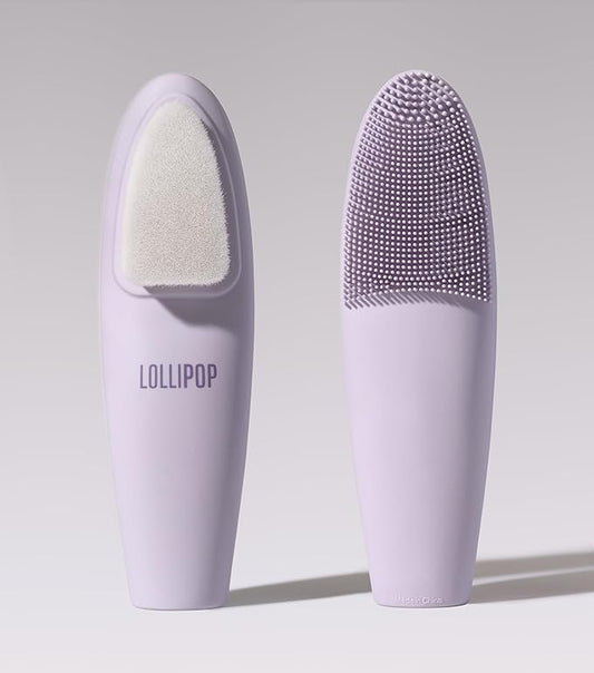 LOLLIPOP Dual-Sided Facial Cleansing Brush | Handle Size Silicone Face Exfoliator and Soft Fiber Cleanser | Manual Face Scrubber for Pores, Makeup Removal, Blackhead and Skincare Routine, Plum-BrightBean Baby