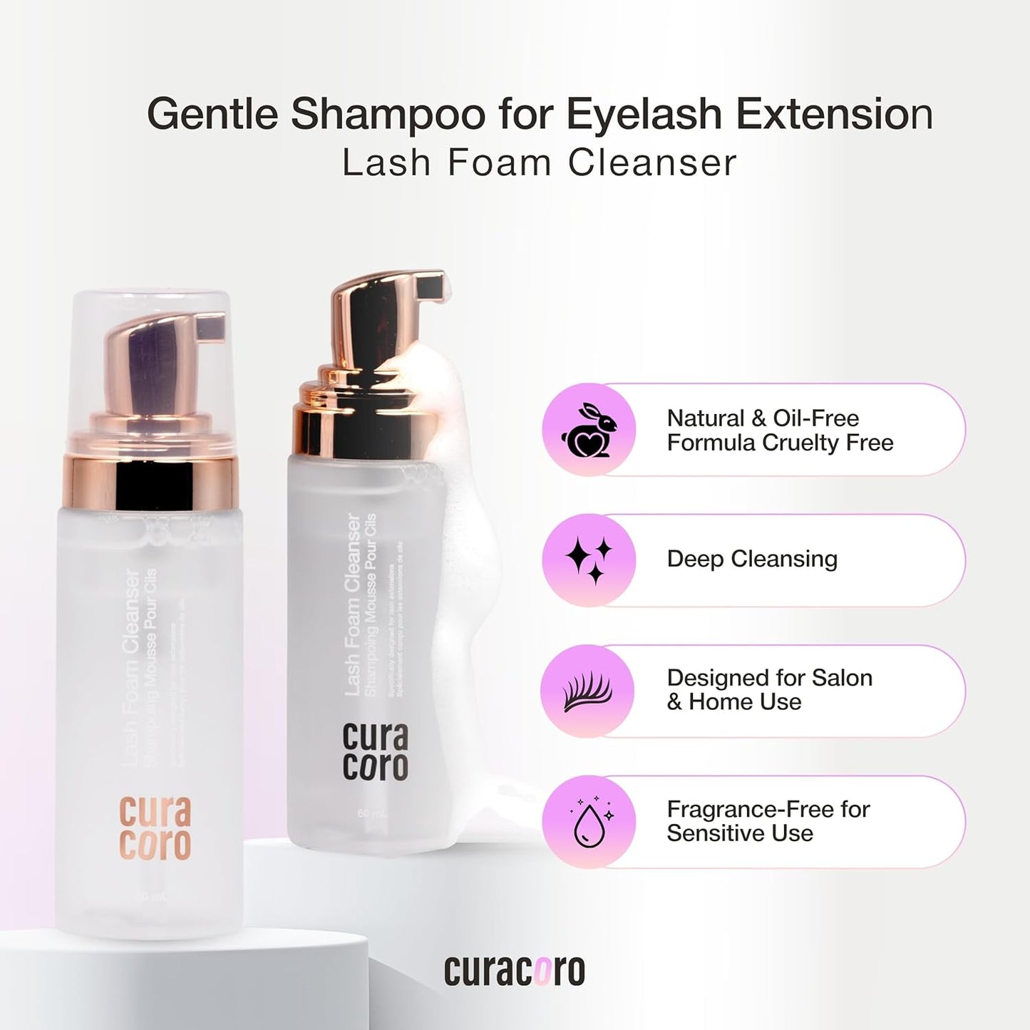 CURACORO 60ML Eyelash Extension Cleanser (Unscented) - Lash Shampoo for Lash Extensions, Eyelash Extension Foam Cleanser for Sensitive Skin, Removes Waterproof Makeup for Professional & Home Use-BrightBean Baby