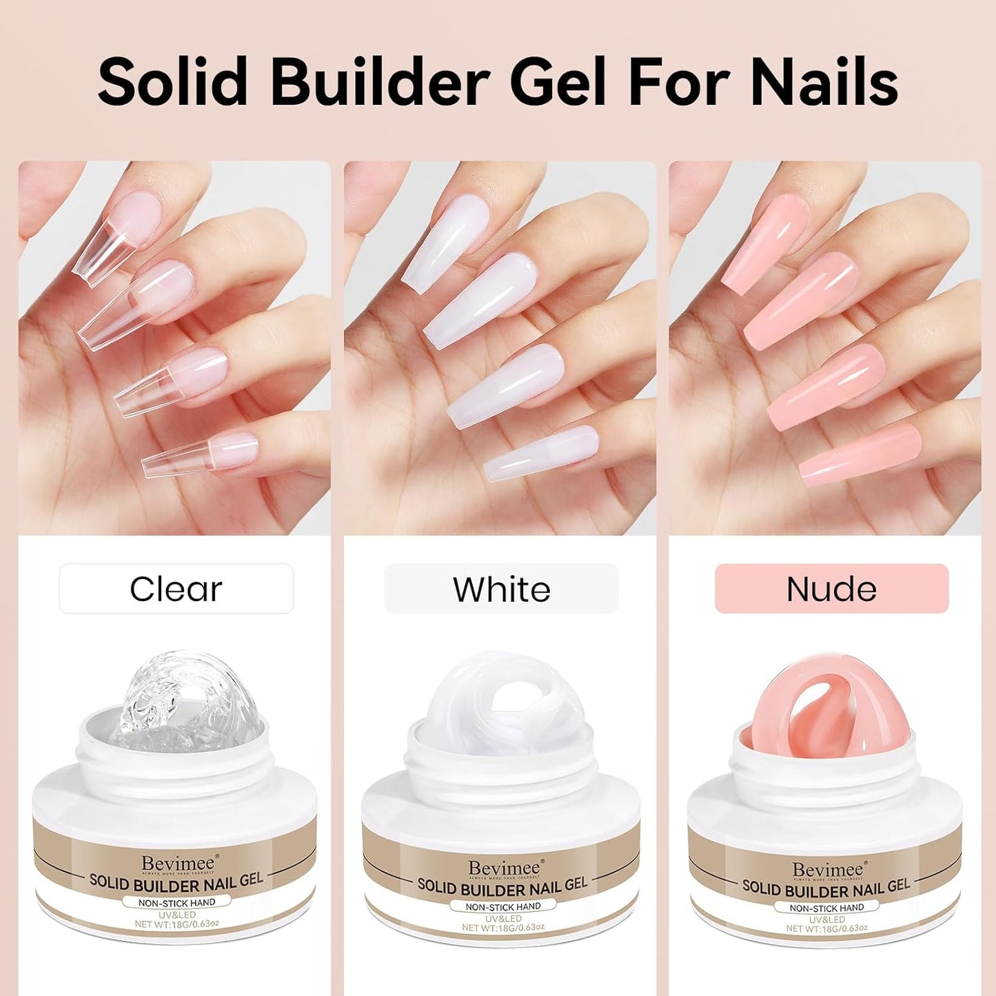 Solid Builder Gel for Nails 3PCS, 3D Hard Gel for Nail Art Sculpting Non-Stick Hand, Clear White Nude for Modeling, Sculpture, Nail Extension UV/Led Manicure DIY At Home 18g*3Colors-BrightBean Baby