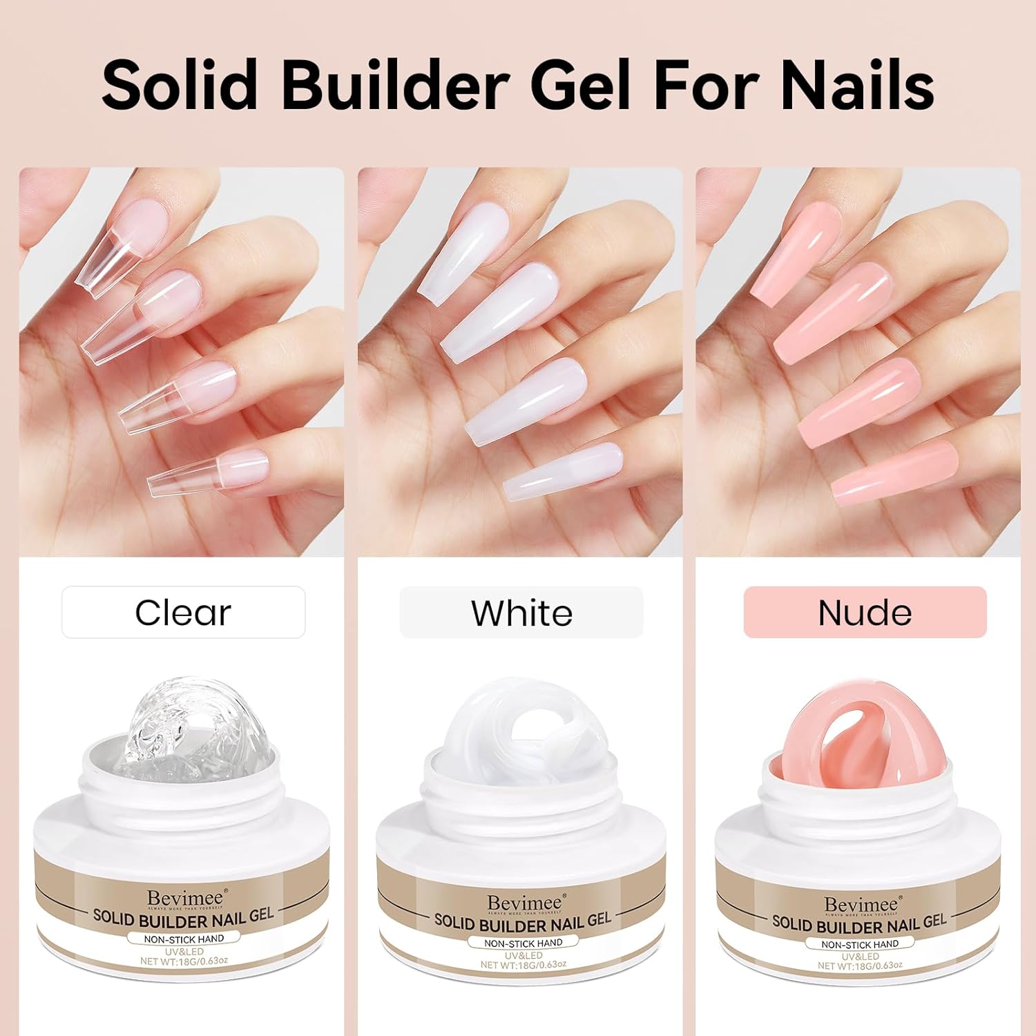 Solid Builder Gel for Nails 3PCS, 3D Hard Gel for Nail Art Sculpting Non-Stick Hand, Clear White Nude for Modeling, Sculpture, Nail Extension UV/Led Manicure DIY At Home 18g*3Colors-BrightBean Baby