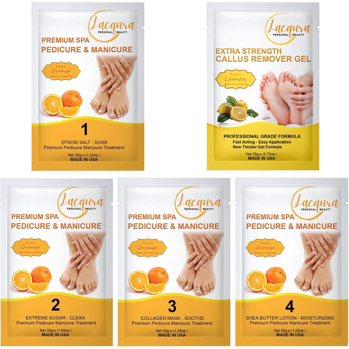 Epsom Salt Soak, Callus Remover Gel, Extreme Sugar Scrub, Collagen Mask & Shea Butter Lotion – Professional Spa Foot Care System 5 Step Luxury Pedicure Kit. Orange 03 Set-BrightBean Baby