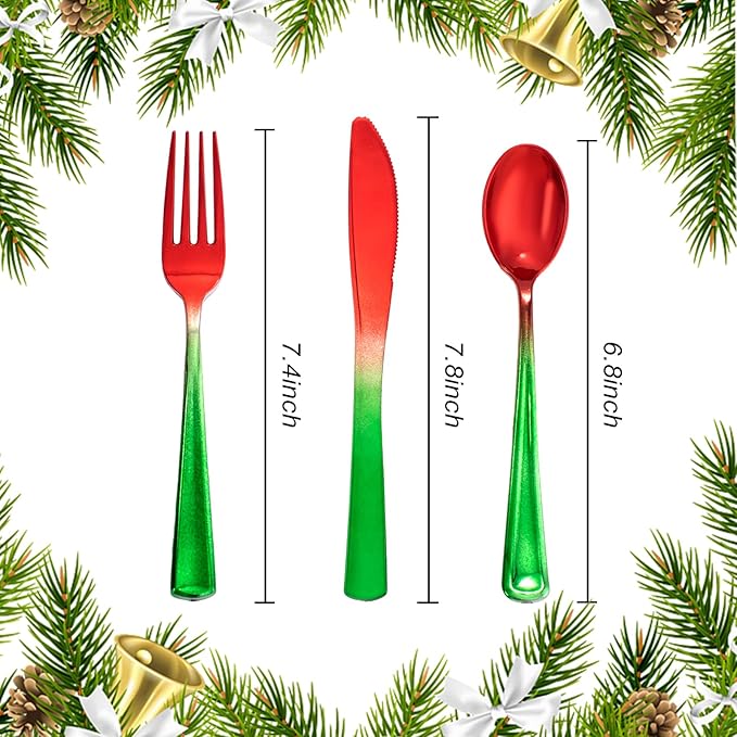 Liacere 200PCS Christmas Plastic Silverware - Red and Green Plastic Silverware include 100PCS Red and Green Forks, 50PCS Red and Green Knives, 50PCS Red and Green Spoons for Christmas