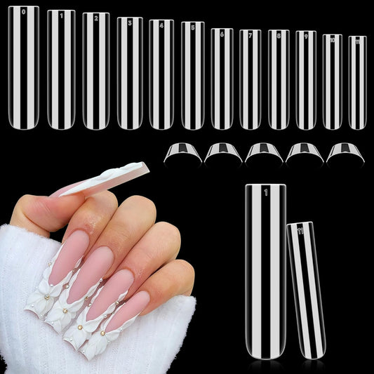 Tapered Square Nail Tips, XXL 240Pcs 12 Sizes Full Cover Fake Nails Extra Long Straight Nail Tips No C Curve Gel Nails Clear Gel Nails Tips Nail Extension for DIY Nail Art-BrightBean Baby