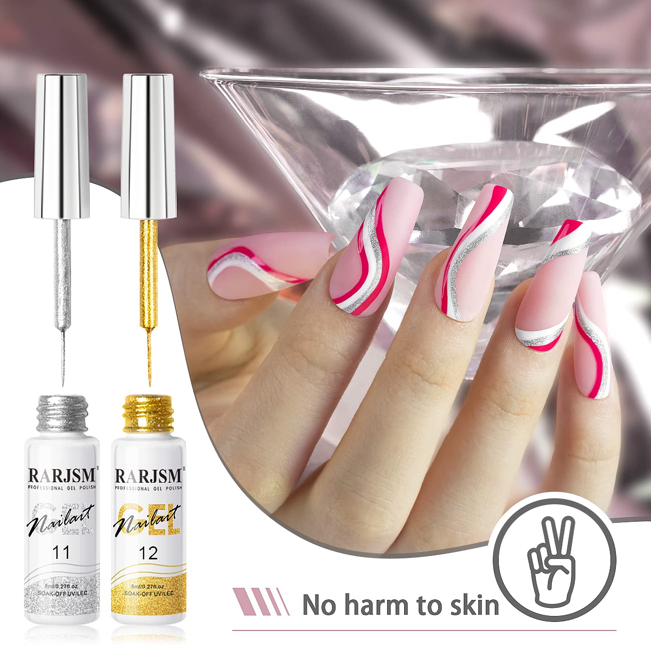 RARJSM Gel Liner Nail Art Silver Gold Glitter Nail Design Polish Painted Gel Nail Polish Set 2Pcs Soak off Curing Requires 8ml Build in Thin Brush for Home Salon Diy Nail Decoration Dotting Painting-BrightBean Baby
