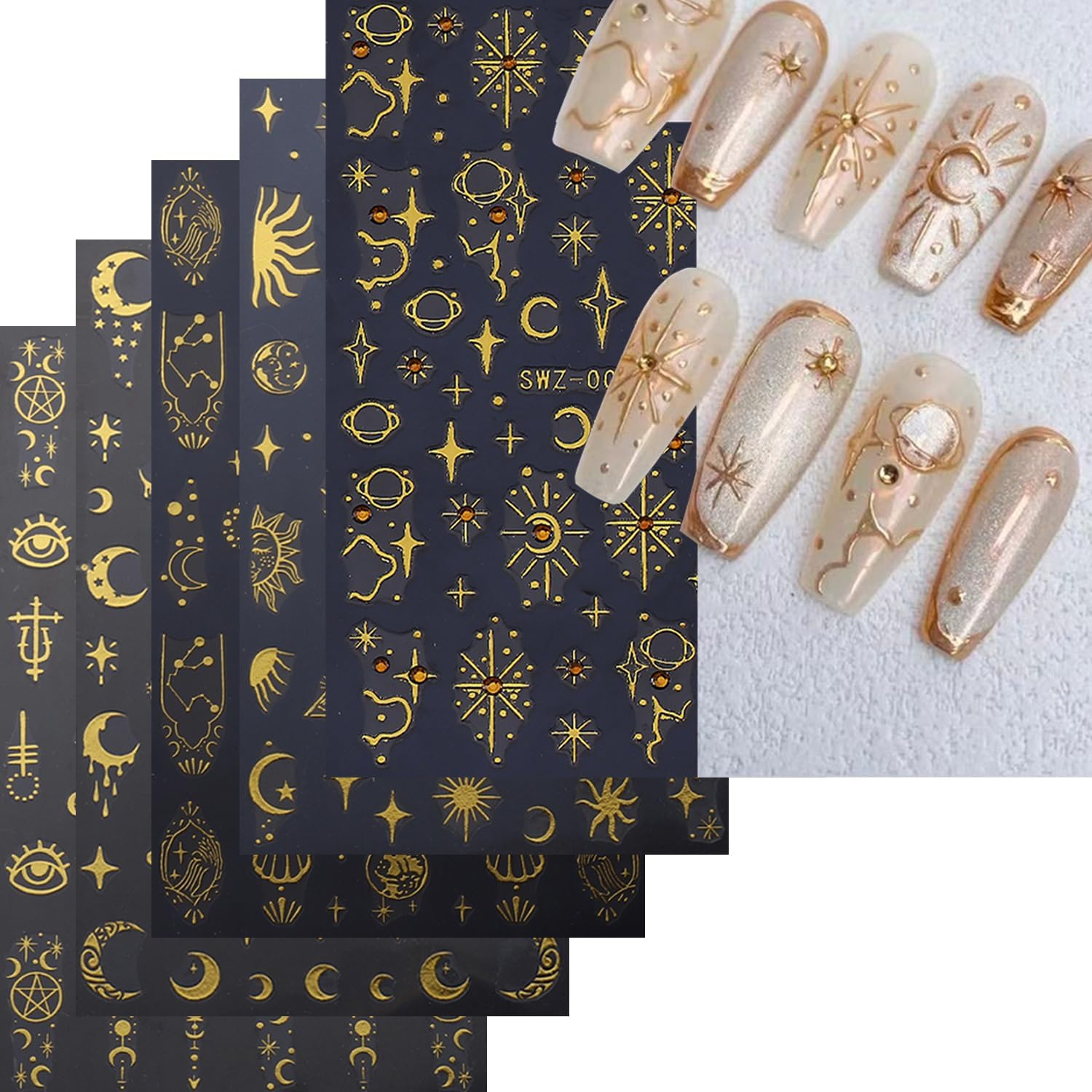 5 Sheets Metallic Gold Nail Art Stickers 3D Self-Adhesive Nails Stickers Bohemian Sun Moon Hexagram 3D Decal Supplies Women DIY Gold Metal Nail Art Decoration-BrightBean Baby