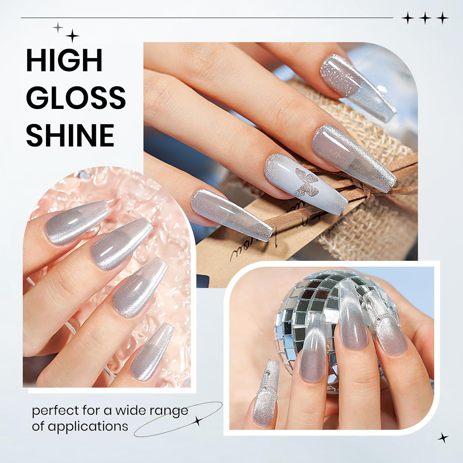 Silver Cat Eye Gel Polish, Magnetic Holographic Gel Nail Polish Glitter Shimmer Gel Polish with Magnet Soak Off U V Gel Salon DIY at Home, 0.5 OZ-BrightBean Baby