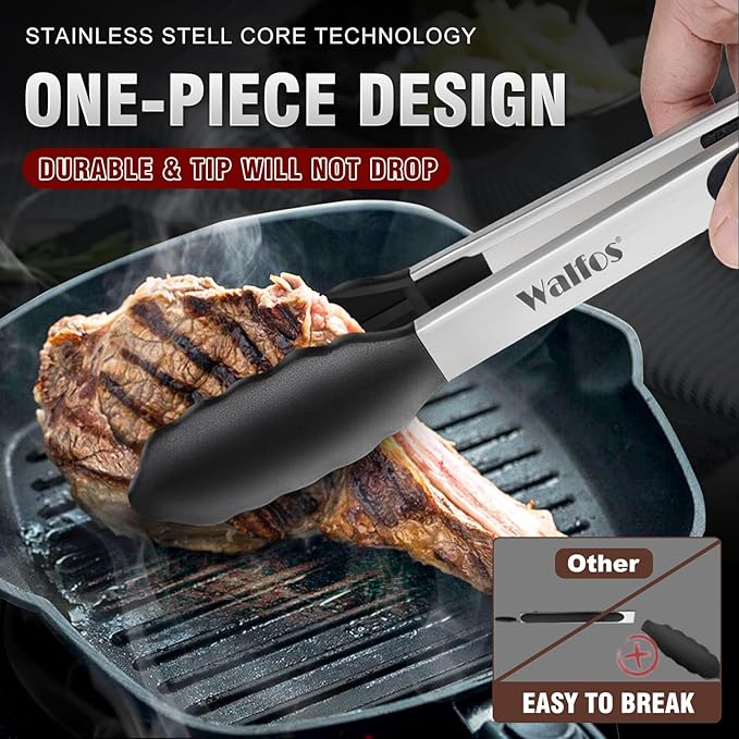 Heat Resistant Silicone Tongs Set - 600 Degrees, Kitchen Tongs for Cooking, Grilling, Turning - Stainless Steel and BPA Free Silicone Tips (7", 9" and 12 inch)