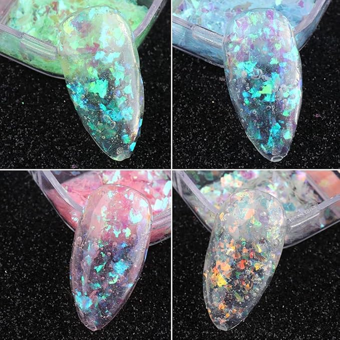 12 Colors Holographic Nail Art Glitter Sequins Aurora Holographic Mermaid Nail Glitter Flash Ice Residue Nail Glitter Sequin Chameleon Flakes Set Fluorescent Glass Paper for Face Body DIY Decoration-BrightBean Baby