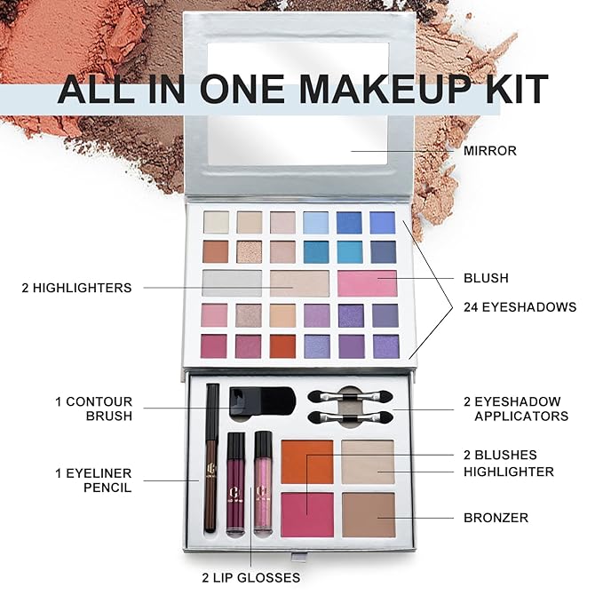 Color Nymph Makeup Kit for Teens, All in One Makeup Kit for Women Included 24 Colors of Matte Shimmer Eyeshadow, Highly Pigmented Lip Glosses, Eyeliner Pencil, Brushes, and Mirror-BrightBean Baby