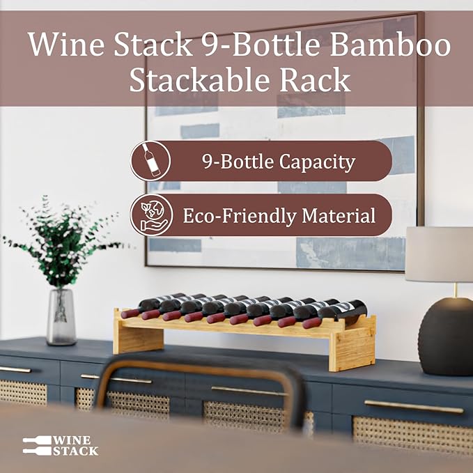 9 Bottle Bamboo Stackable Small Wine Rack for Countertop, No Tools Assembly, Durable, Wine and Liquor Bottle Storage for Small Spaces