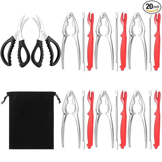20 Pcs Crab Crackers and Tools, Crab Crackers, Lobster Sheller, Fork, Scissors & Storage Bag, Crab & Lobster Eating Utensils for Seafood Lovers