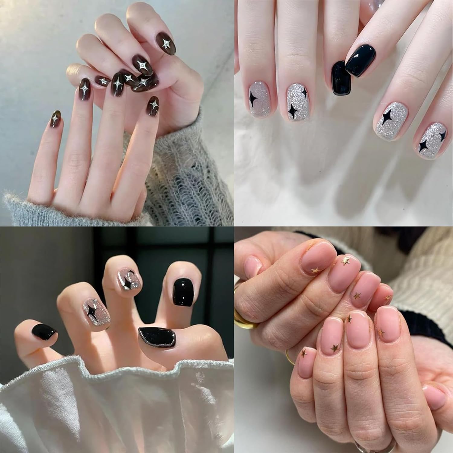 6Sheets Rhinestones Star Nail Art Stickers,3D Self-Adhesive Glitter Gold Silver White Black Stars Nail Art Design Decals Star Stickers for Acrylic Nails Art for Women Girls DIY Manicure Decorations-BrightBean Baby