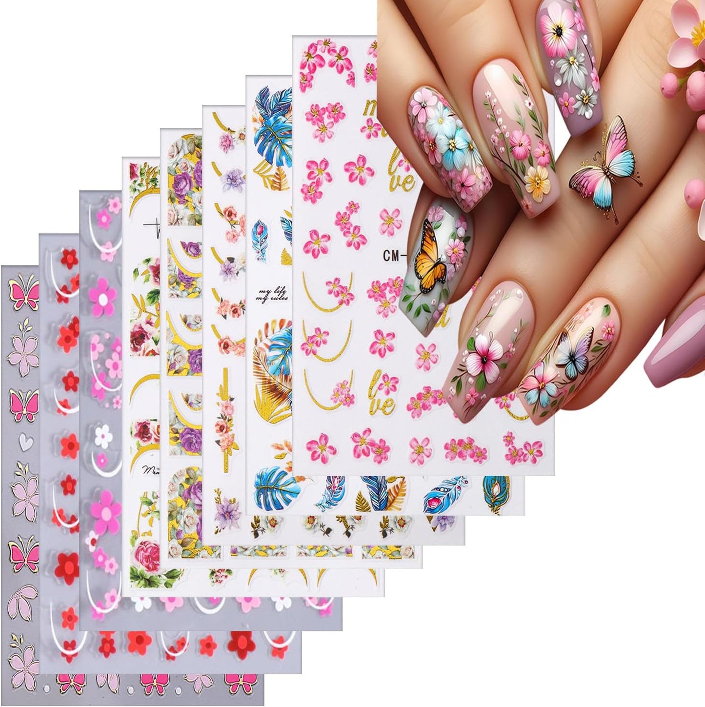 8 Sheets Flower Nail Art Sticker 3D Self-Adhesive Nails Stickers Floral Butterfly Nail Art Decals Holographic Blossom Decal for Women Hot Stamping French Manicure Stickers DIY Nail Supplies-BrightBean Baby