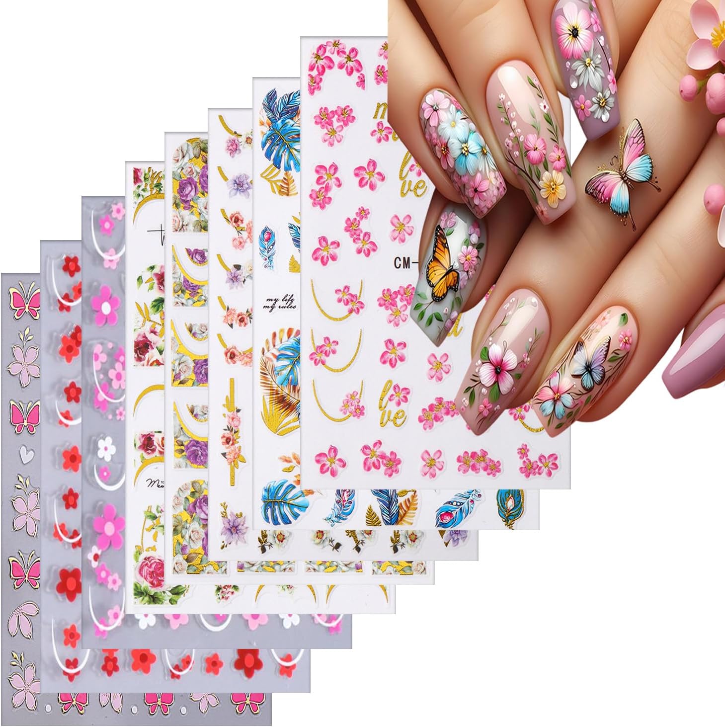 8 Sheets Flower Nail Art Sticker 3D Self-Adhesive Nails Stickers Floral Butterfly Nail Art Decals Holographic Blossom Decal for Women Hot Stamping French Manicure Stickers DIY Nail Supplies-BrightBean Baby