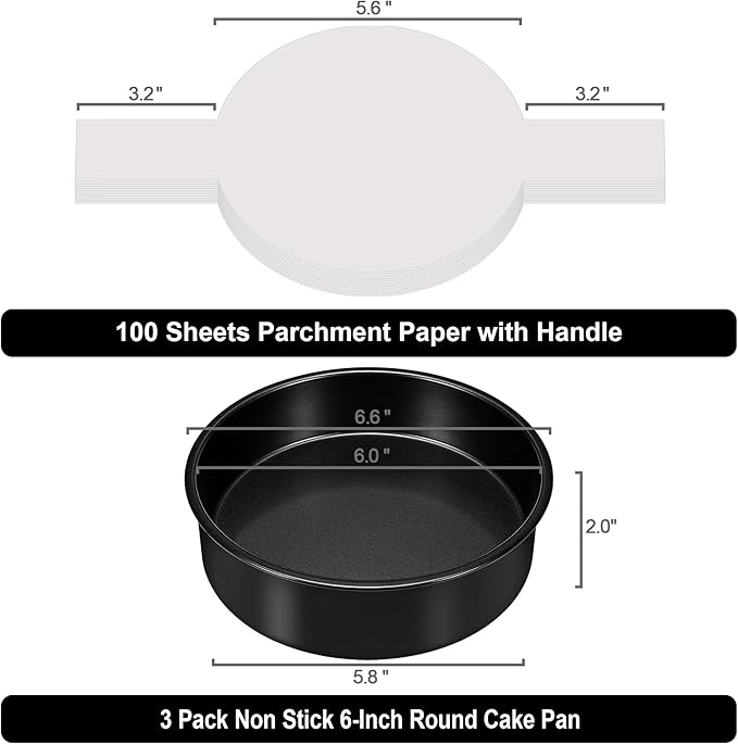 6 Inch Cake Pans Set of 3, Smash Cake Pans with 100PCS Parchment Paper for Layer Cakes, No-Stick Round Cake Pan Sets for Baking, Durable Baking Pan Set for Christmas Birthday, Dishwasher Safe