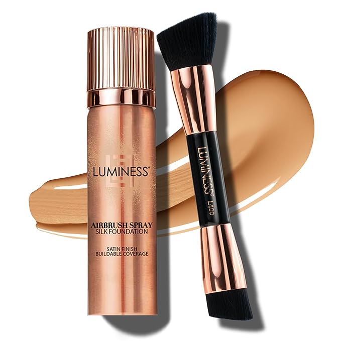 LUMINESS Silk Airbrush Spray Foundation 2-PC Kit - Foundation & Dual-Sided Angled Makeup Brush - Buildable Coverage, Anti-Aging Formula, Humidity Resistant, Hydrates & Moisturizes, Medium-BrightBean Baby