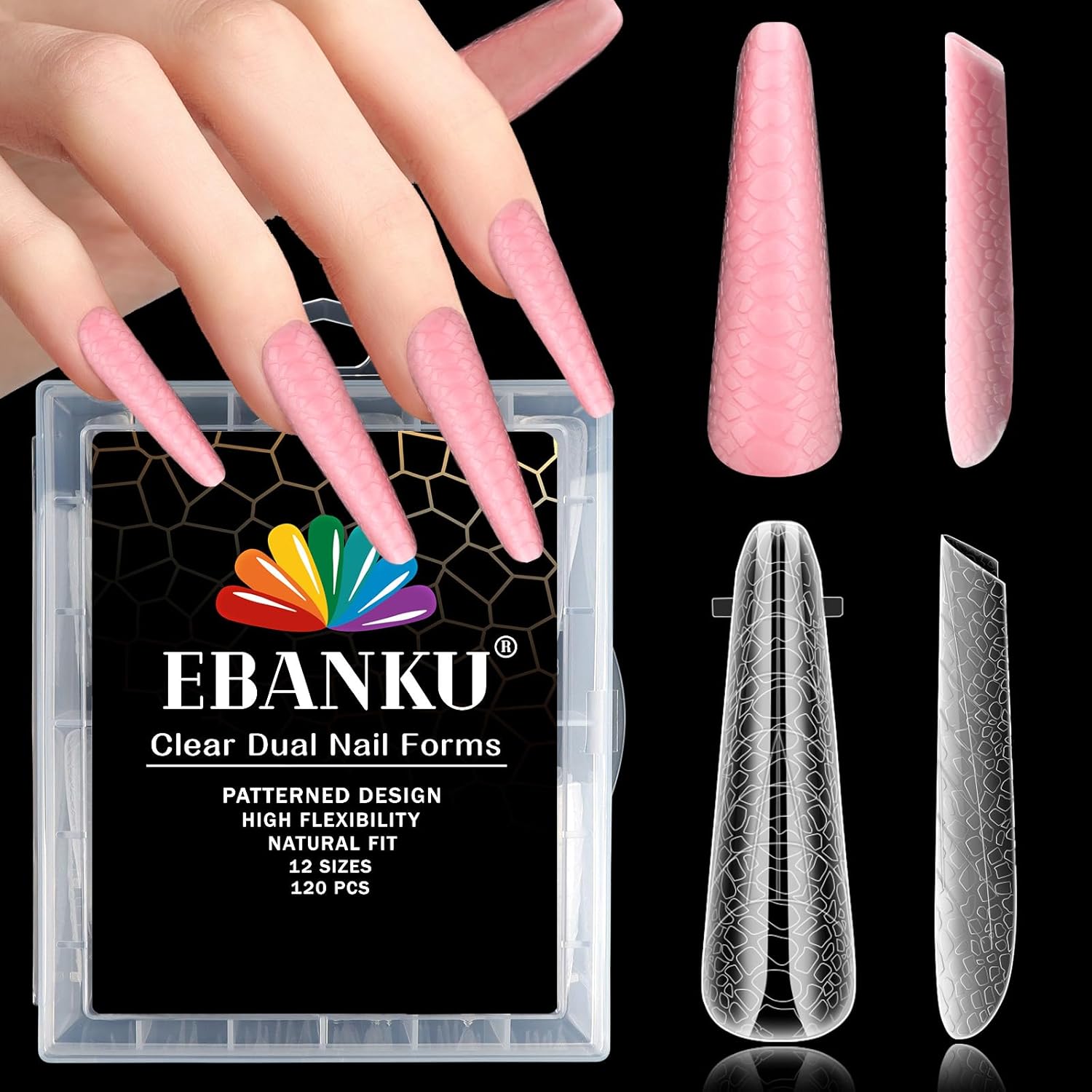 EBANKU Dual Forms for Poly Extension Gel, Poly Nail Forms Molds Stiletto Oval Nail Extension Tips for Gel Manicure Nail Art Design Salon&DIY-120PCS 3D Snake Pattern-BrightBean Baby