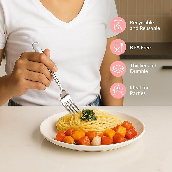 Prestee 100 Pack Silver Plastic Forks Heavy-Duty - Elegant Disposable Silverware Forks - Fancy Plastic Silver Cutlery Set - Heavyweight Utensils for Party, Holiday, and Events