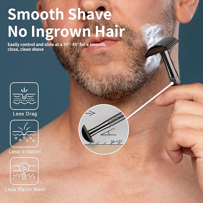 Shiny Gun Black Double Edge Safety Razor, Single Blade Razors for Men and Women, with 10 Stainless Steel Safety Razor Blades, Reusable, Smooth and Close Wet Shaving Kit, Plastic Free-BrightBean Baby