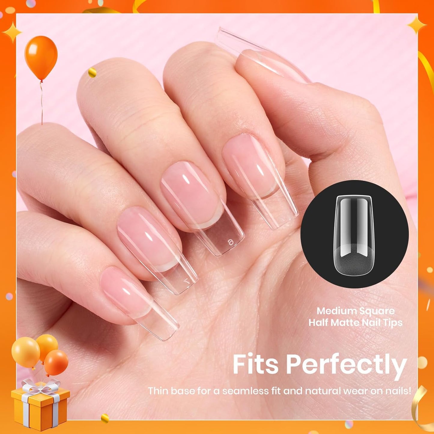 Beetles Gel Nail Tips Etch-X, Square Medium, 288Pcs 12 Sizes, Pre-Etched Half Matte Soft Acrylic False Nail Tips Full Cover Easy DIY Fake Press On Fall Nail Extension Salon Gift for Women-BrightBean Baby