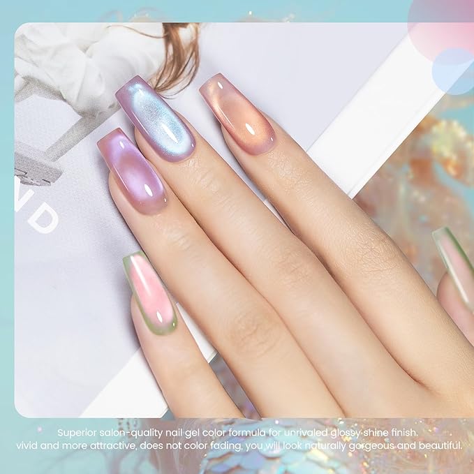 RARJSM Aurora Mermaid Cat Eye Gel Nail Polish Set 6pcs Reflective Pink Purple Green Blue Diamond Ceramic Glitter Glass Cateye Gelpolish with Magnet Stick 7.5ml Curing Requires Soak Off for Home Salon-BrightBean Baby