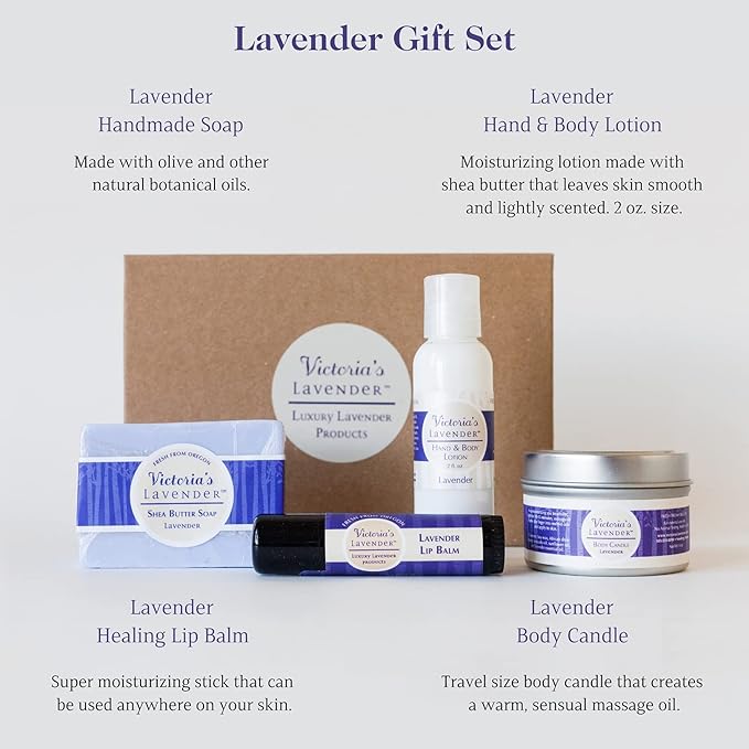 Victoria's Lavender Natural Body Products Gift Set - Handmade Soap, Hand & Body Lotion, Lip Balm, Body Candle Skin Care Sets & Kits, Lavender Bath and Body Products for Women, Lavender-BrightBean Baby