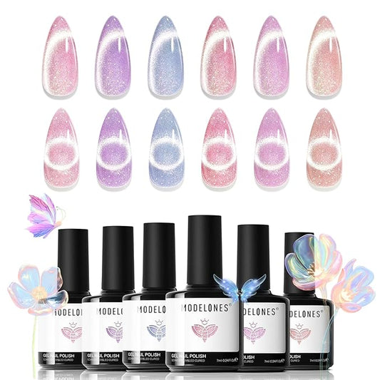 modelones Holographic Glitter Cat Eye Gel Nail Polish Kit 6 Colors with Magnet Romantic Rainbow Galaxy Series Pastel Gel Polish Soak Off Led Gel Nail Polish Set Nail Art Gel Manicure Salon DIY Gifts-BrightBean Baby