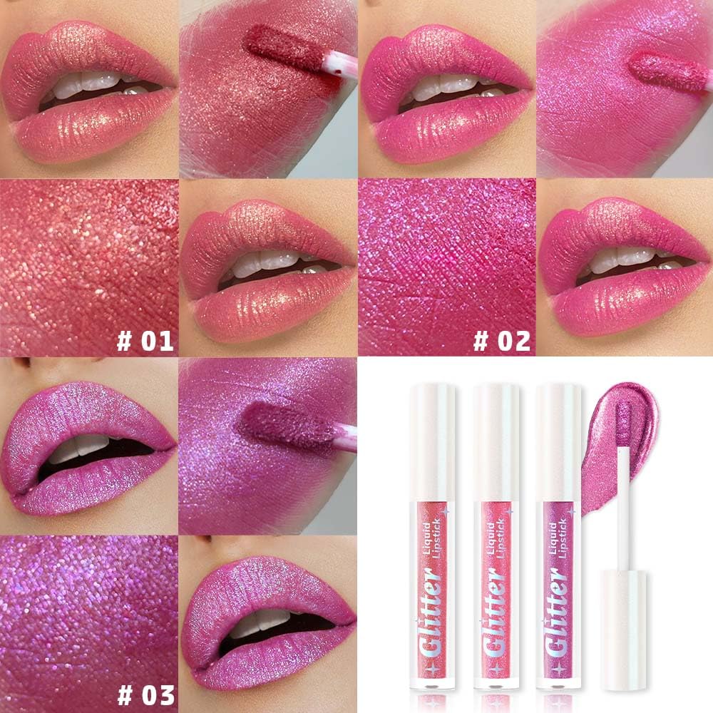 3Pcs Metallic Lipstick for Women,Lightweight Glitter Sparkling Liquid Lipsticks,Shimmer Lip Gloss Stain Long Lasting Waterproof Smudge Proof Non-Drying 24 Hour Full Coverage Lip Makeup,Vegan-BrightBean Baby