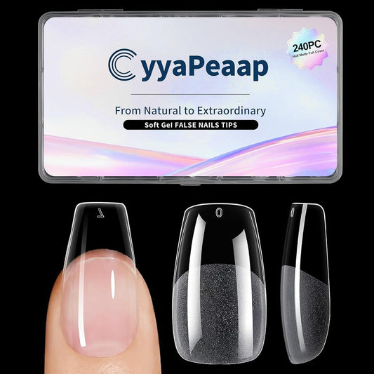 Coffin Nail Tips Medium Coffin Soft Gel Nail Tips 240Pcs Acrylic Full Cover Pre-Shape Nails Tips Half Matte Clear Press on Nails for Nail Extension Manicure Home DIY Salon 12 Sizes Gelly False Nails-BrightBean Baby