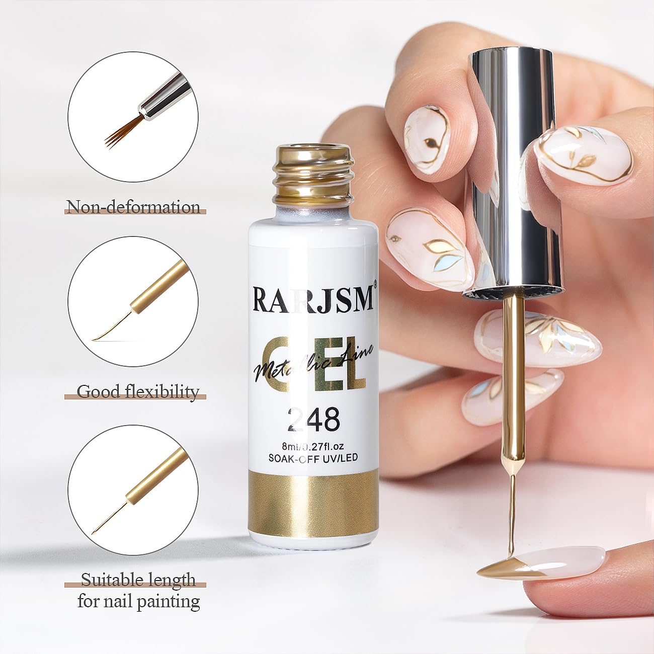 RARJSM Metallic Gel Liner Nail Art Silver Bronze Gold 2pcs Set Mirror Chrome 3D Effect Gel Nail Polish 8ml Build in Thin Brush Metal Painted Drawing Stripper Gelpolish Curing Requires for Home Salon-BrightBean Baby